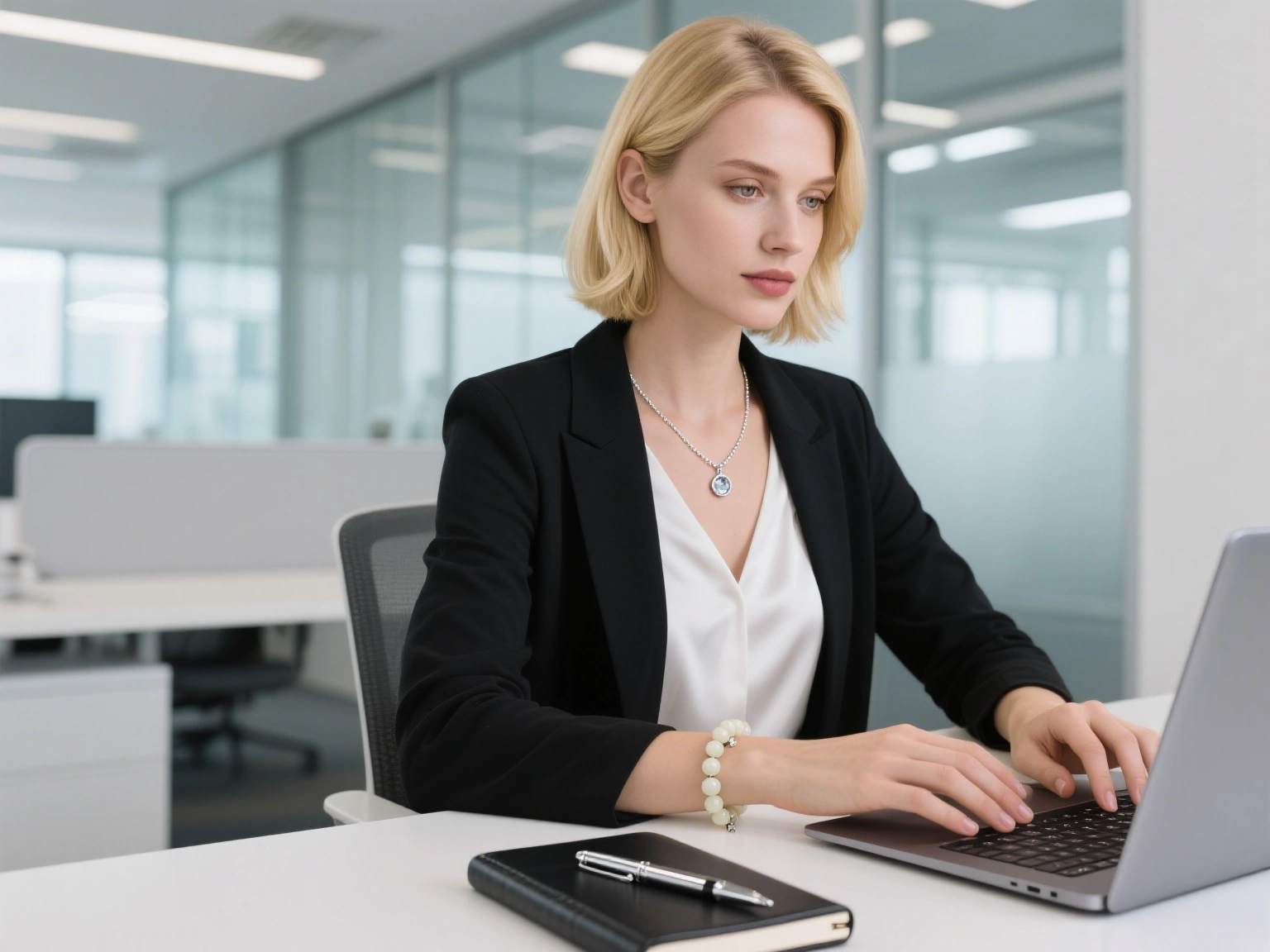 a lady wears a moonstone energy bracelet in the office