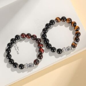 Pixiu Luck Bracelet for Couples – Genuine 999 Stering Silver with Black Onyx & Red/Yellow Tiger Eye Beads