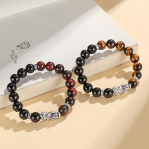Pixiu Luck Bracelet for Couples – Genuine 999 Stering Silver with Black Onyx & Red/Yellow Tiger Eye Beads