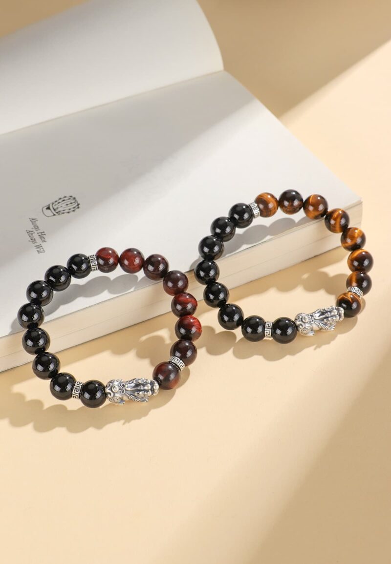 Pixiu Luck Bracelet for Couples – Genuine 999 Stering Silver with Black Onyx & Red/Yellow Tiger Eye Beads