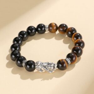 Pixiu Luck Bracelet for Couples – Genuine 999 Stering Silver with Black Onyx & Red/Yellow Tiger Eye Beads
