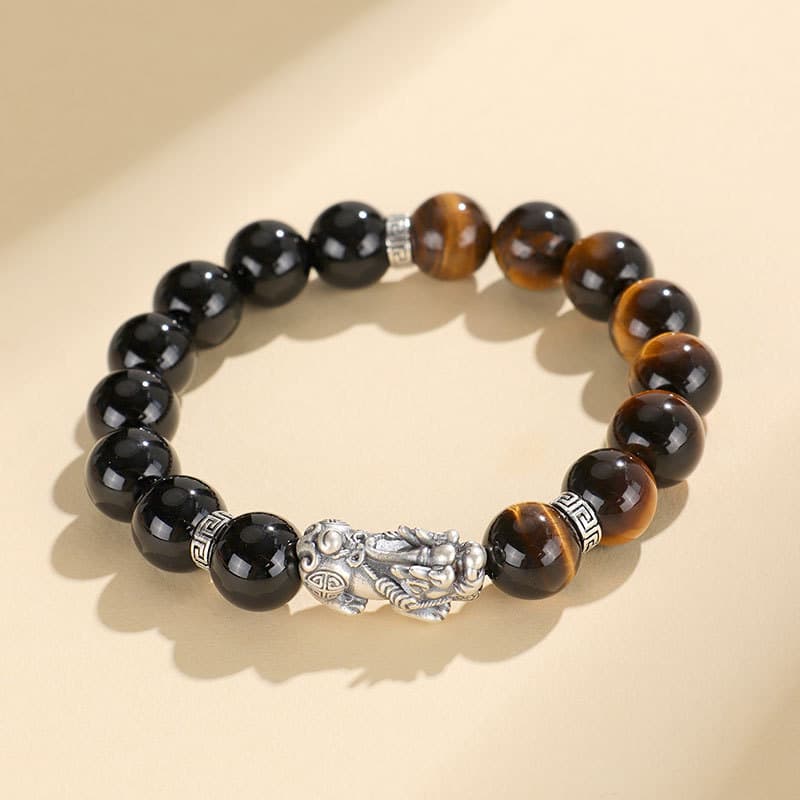 Pixiu Luck Bracelet for Couples – Genuine 999 Stering Silver with Black Onyx & Red/Yellow Tiger Eye Beads