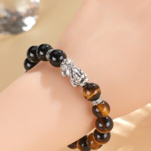 yellow tiger eye and black Onyx beadsed feng shui bracelet with genuine Silver Pixiu Symbol