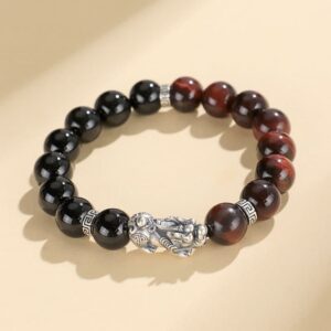 Pixiu Luck Bracelet for Couples – Genuine 999 Stering Silver with Black Onyx & Red/Yellow Tiger Eye Beads