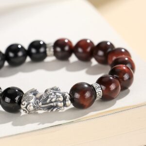 Pixiu Luck Bracelet for Couples – Genuine 999 Stering Silver with Black Onyx & Red/Yellow Tiger Eye Beads
