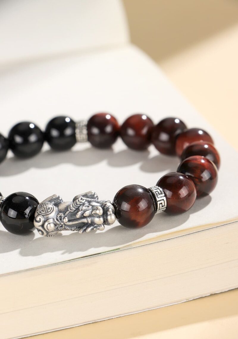 Pixiu Luck Bracelet for Couples – Genuine 999 Stering Silver with Black Onyx & Red/Yellow Tiger Eye Beads