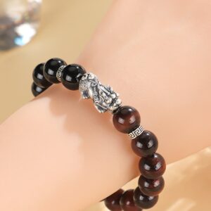 Red tiger eye and black Onyx beads bracelet with genuine Silver Pixiu Symbol