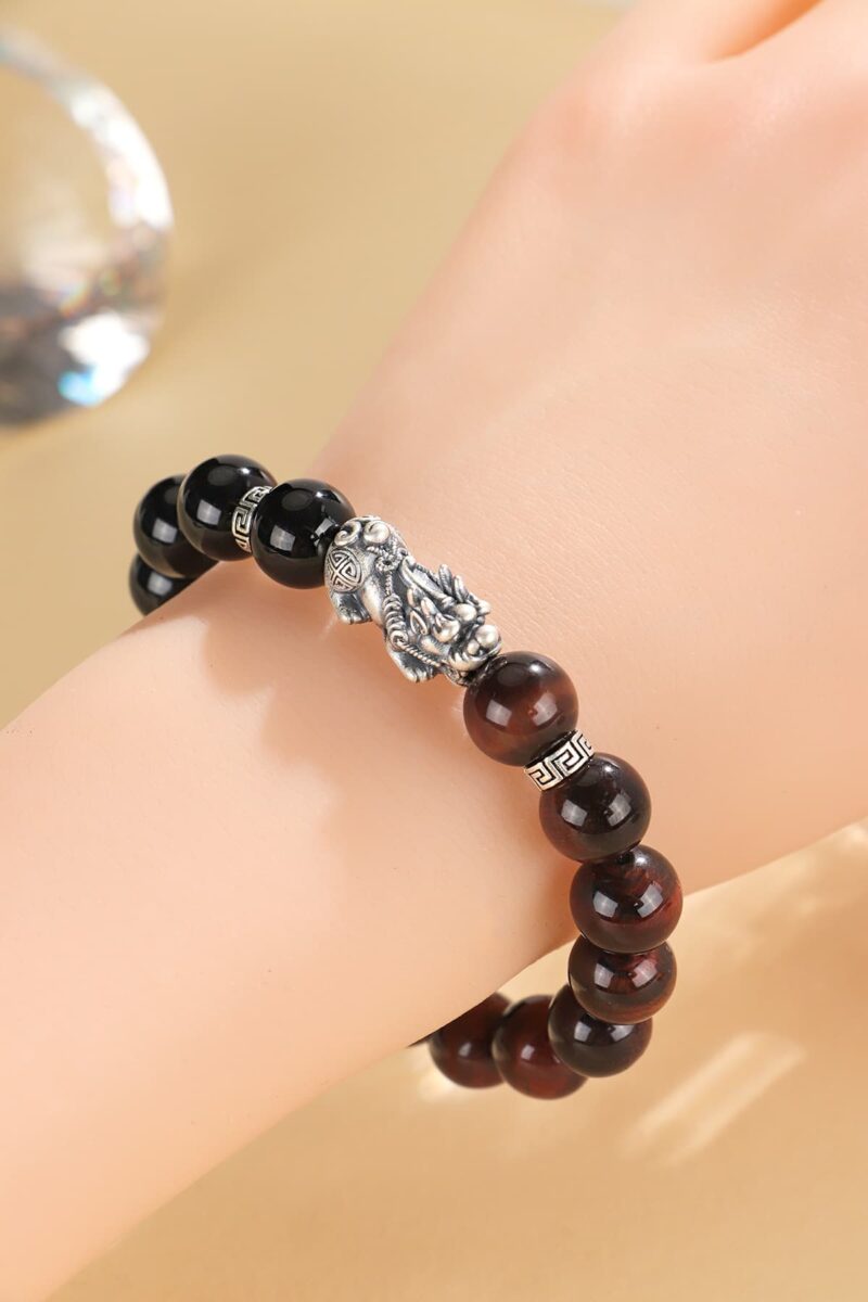 Red tiger eye and black Onyx beads bracelet with genuine Silver Pixiu Symbol